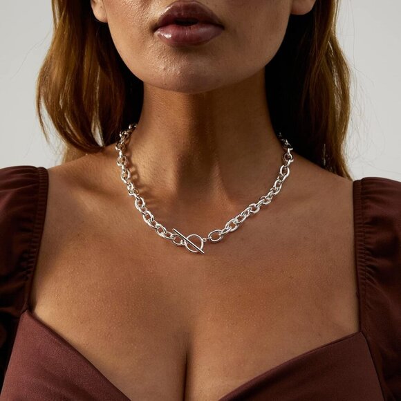 Chunky Gold Toggle Necklace 18K Gold Plated Pearl Vintage Paper Clip Link Chain - Picture 2 of 6